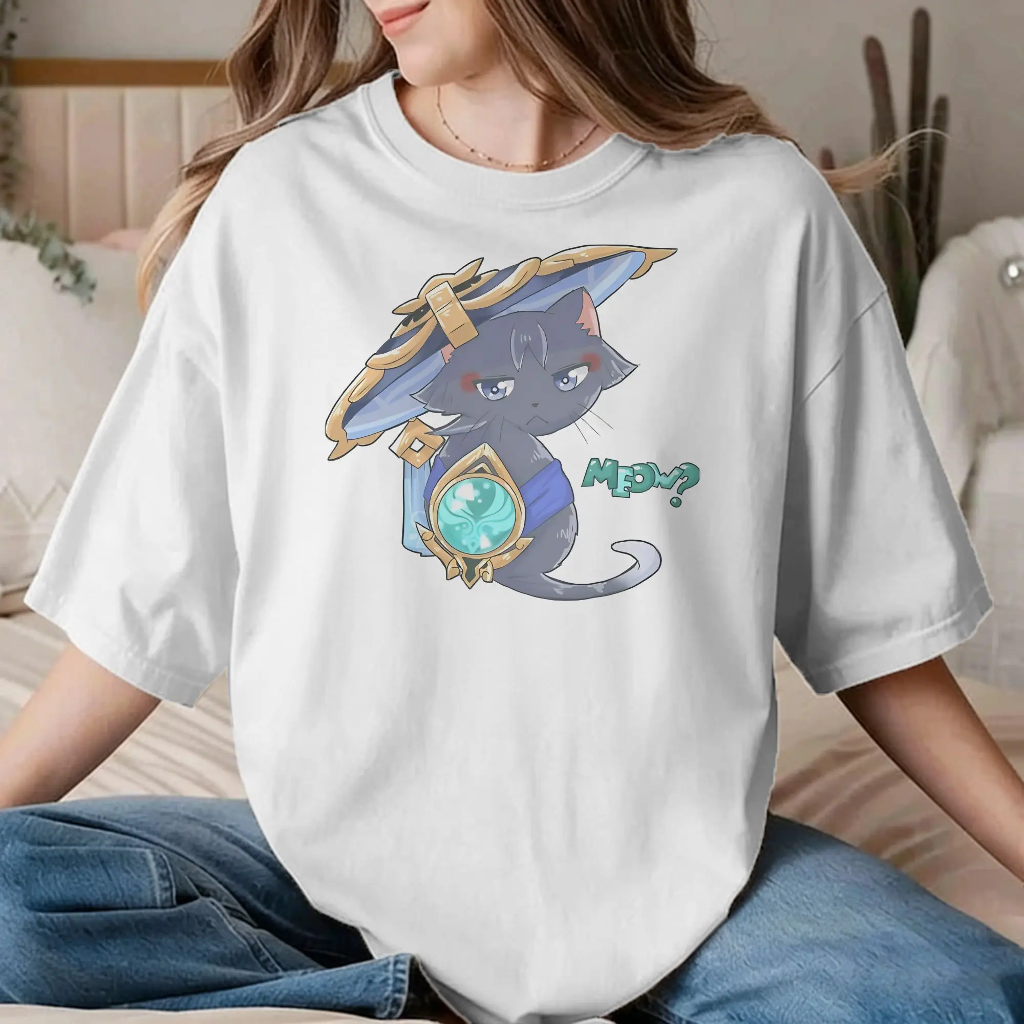 Meow Wanderer cat T-Shirts for Men Women Genshin Impact Fun Pure Cotton Tee Shirt Crew Neck T Shirts Gift Idea Clothing