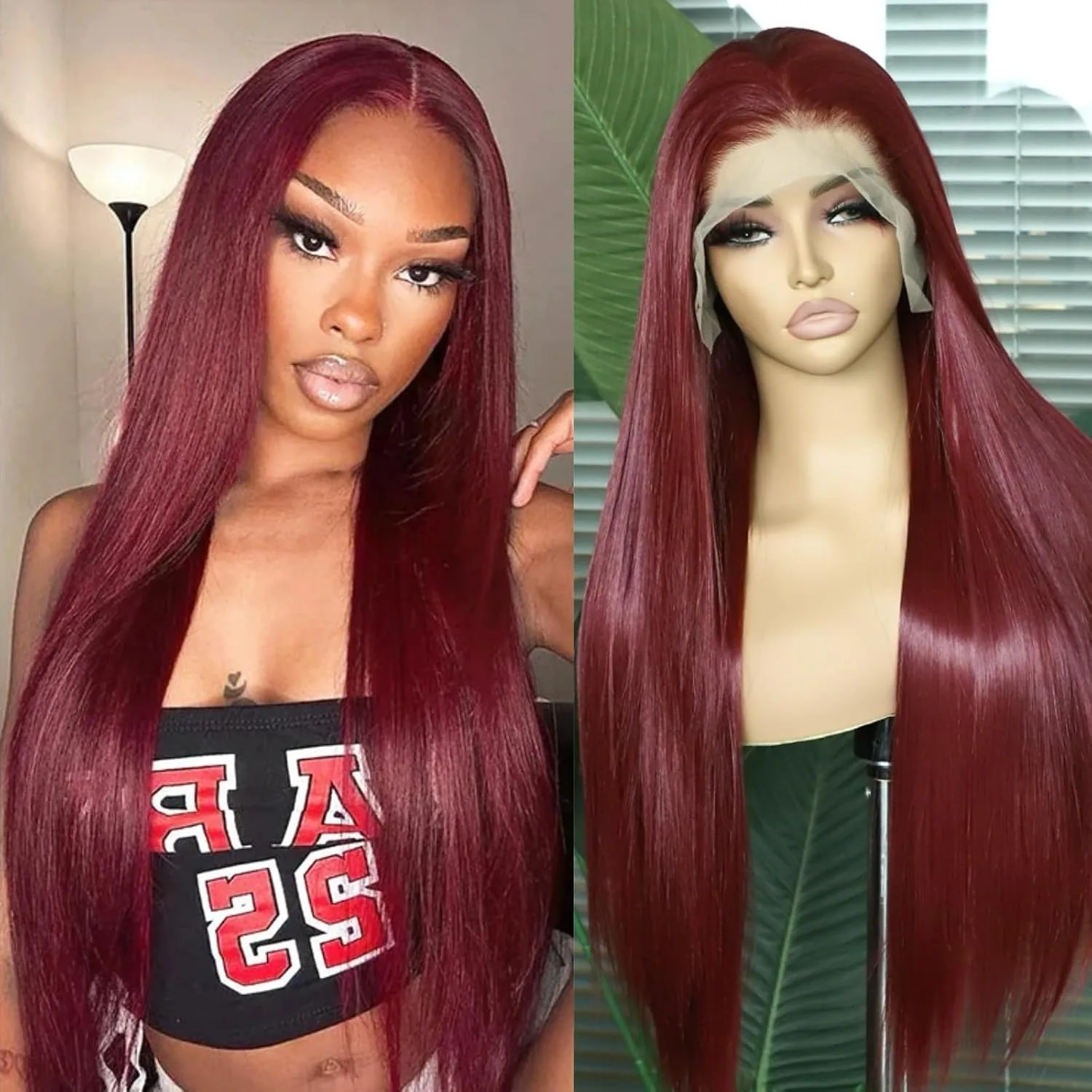 

Burgundy Red Lace Front Wig Pre-Plucked 99J Long Straight Glueless Synthetic Lace Front Wigs Ready to Wear for Women Daily Party
