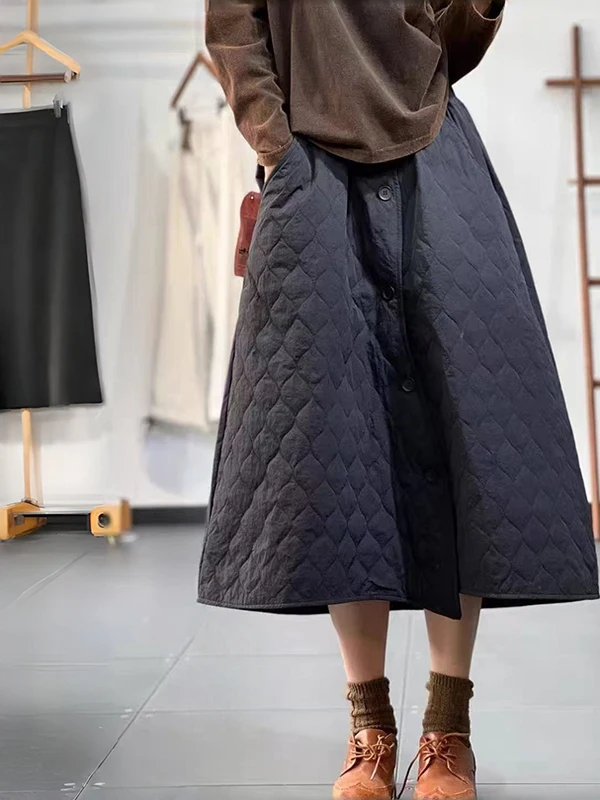 Faionable coréen Sle hiver marque femmes coton matelassé diamant id simple rangée inclinée bleu f jupe jupe Midi