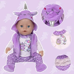 Doll Clothes 16-18Inch/40-45cm Cute Unicorn Jacket Hoodie Pants Baby Born Doll Rebirth Doll Clothes Accessory Doll Girl Gift