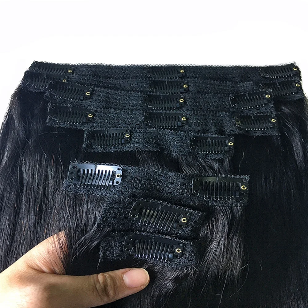 Natural Straight Clip In Human Hair Extensions  Brazilian Virgin Full Head Clip-On HairPiece  For Women