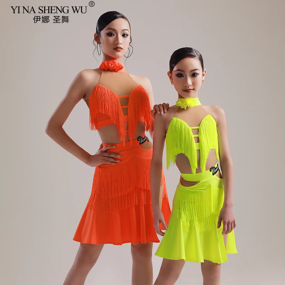 

Платье для латинских танцев, женское профессиональное тренировочное платье, сетчатое марлевое платье для девочек, бальных танцев, нерегулярная бахрома, группа с цветком