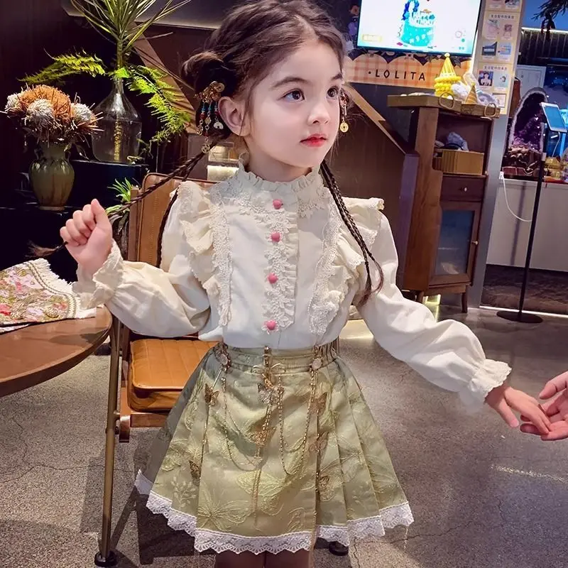 Fashion Toddle Girls Clothes Autumn Spring Lace Embroidery Vest+Shirt+Pleated skirt 3Pcs Kids Casual Princess Clothes Suits