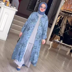 Eid Muslim Women Abayas Jalabiya Dress Single Breasted Flower Print Cardigan Long Robe Arab Ramadan Morocco Dubai Islam Vestidos