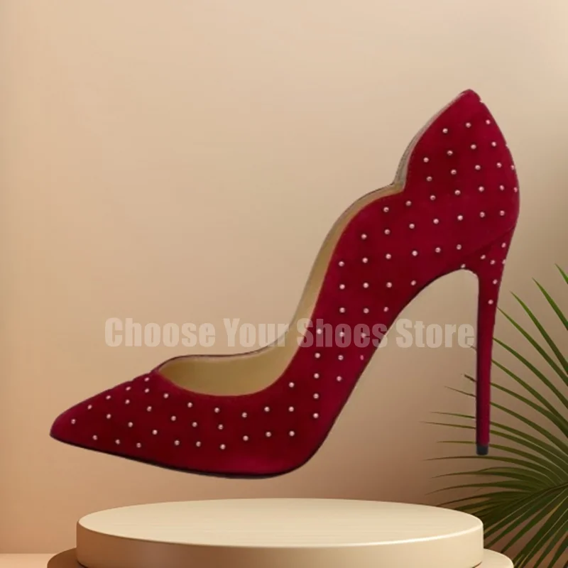 2025 أشار تو أحذية عالية الكعب الأحمر الجلد المدبوغ المسامير رصع الخنجر الكعوب المرأة فستان مثير أحذية 12/10 سنتيمتر #2