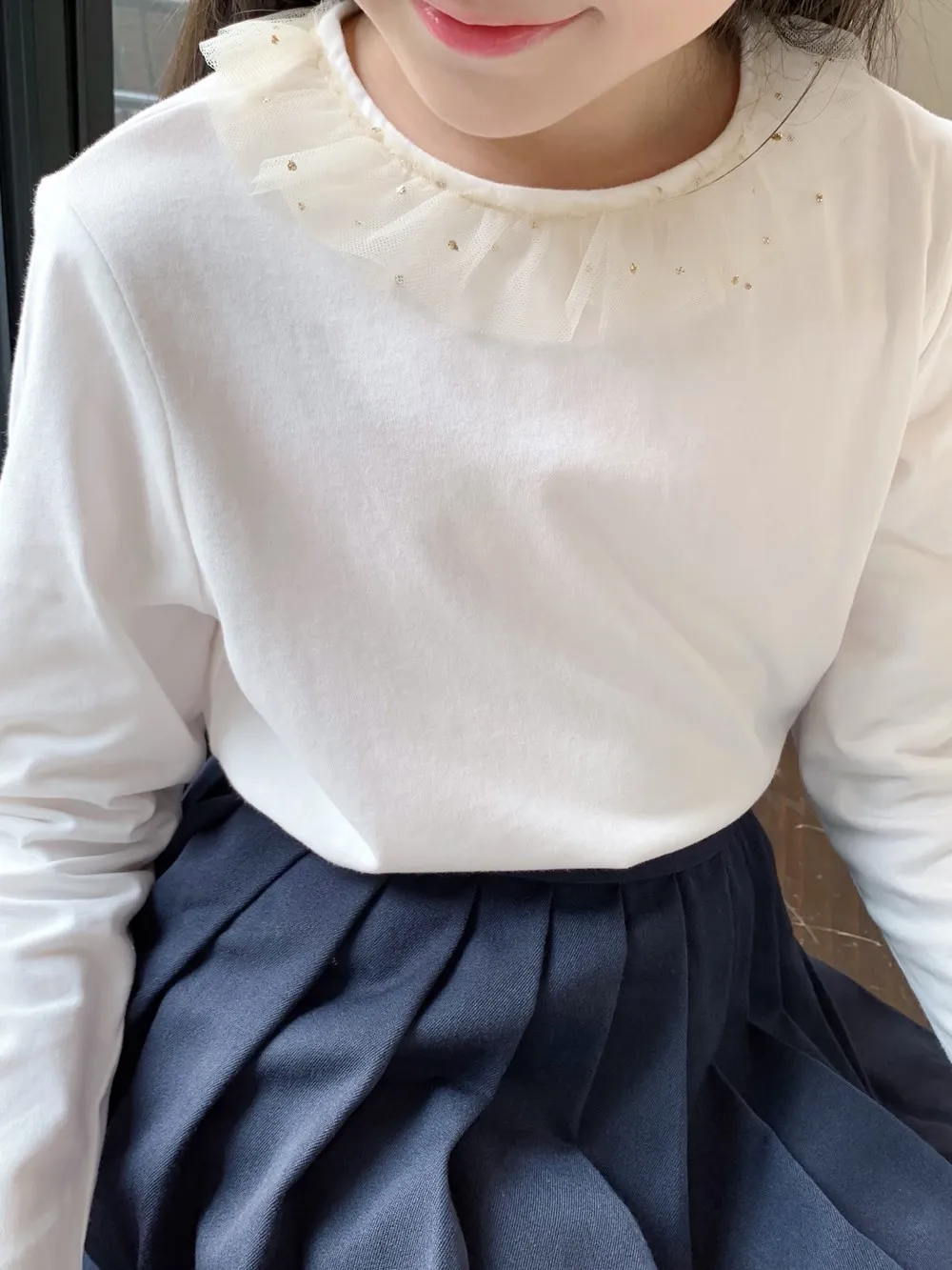 

fall tops baby clothes French Style Lace Collar White Crewneck Sweater Girls Sweet Simple Long-Sleeved T-Shirt