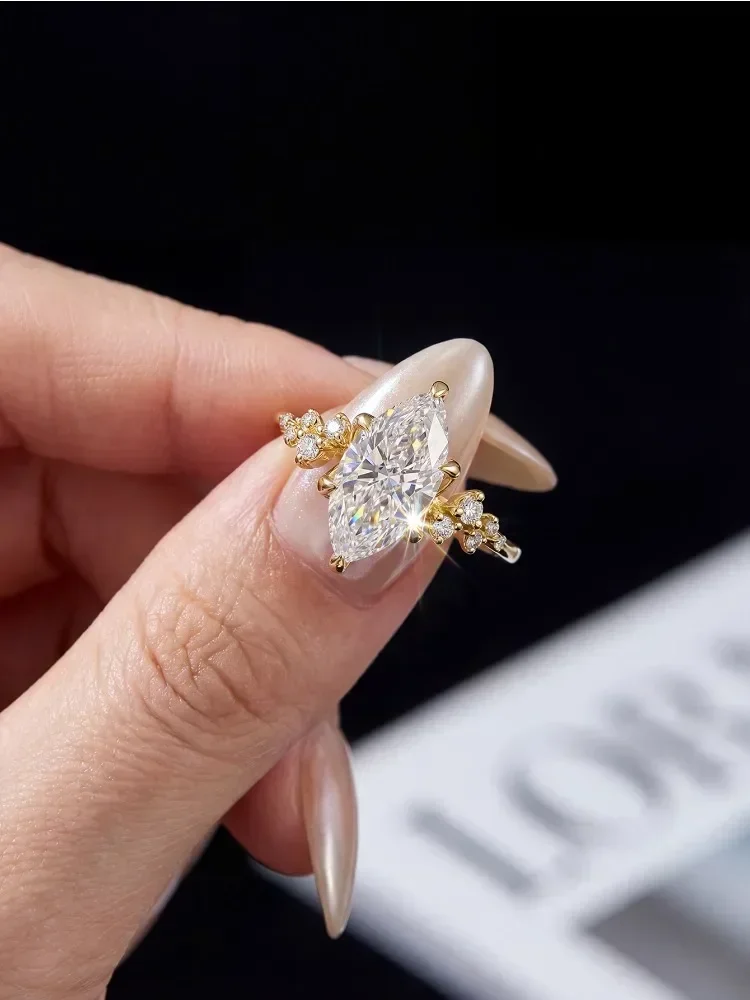 Klassischer, eleganter 2CT Spitzen-Marquise-Moissanit-Ring für Damen, 925er Sterlingsilber, Verlobungsring, luxuriöser, hochwertiger, edler Schmuck – Detail 1