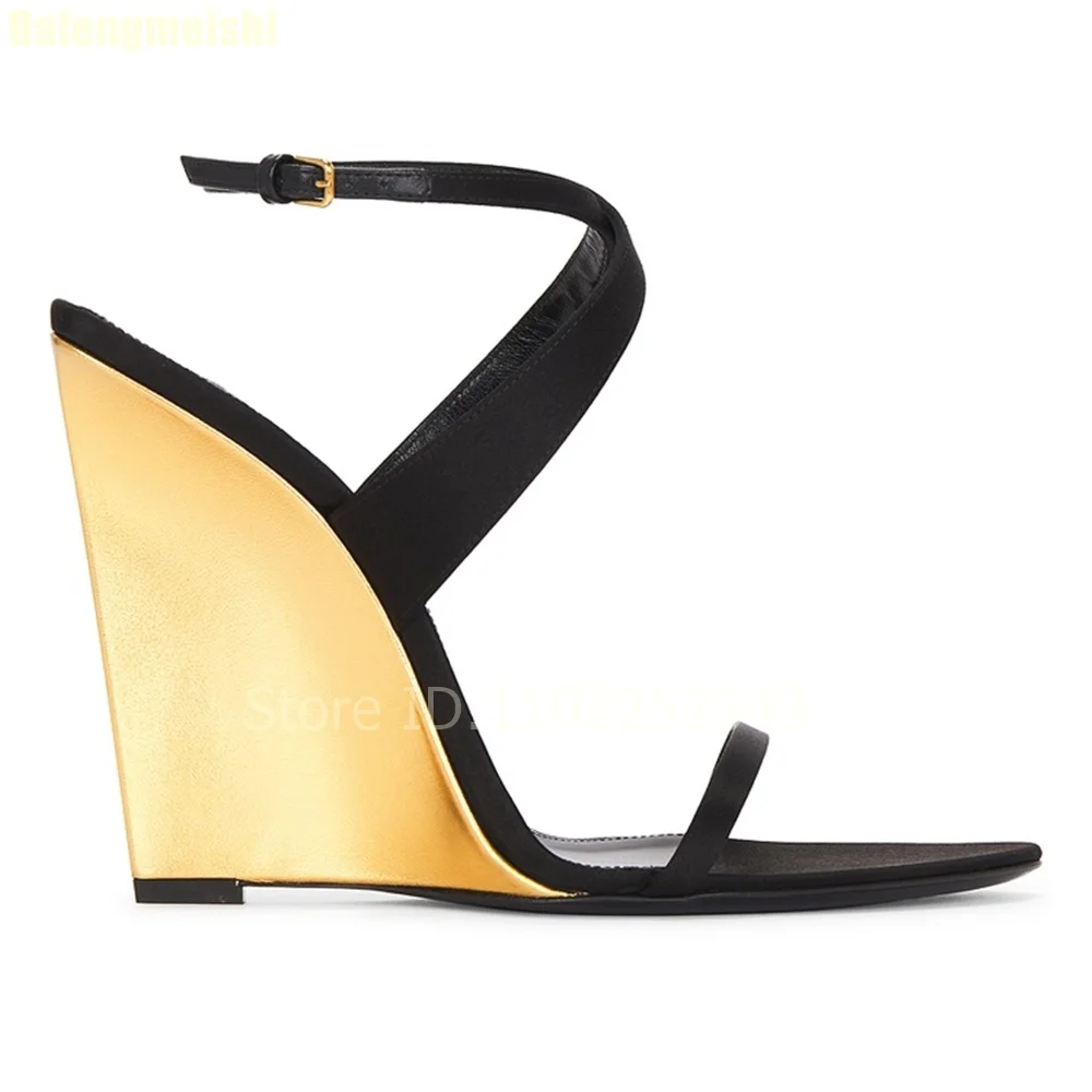 Sandalias de tacón de cuña doradas para mujer, novedad primavera 2026, sexys, de punta abierta, con una tira cruzada, estilo pasarela, tacones altos de 11 cm