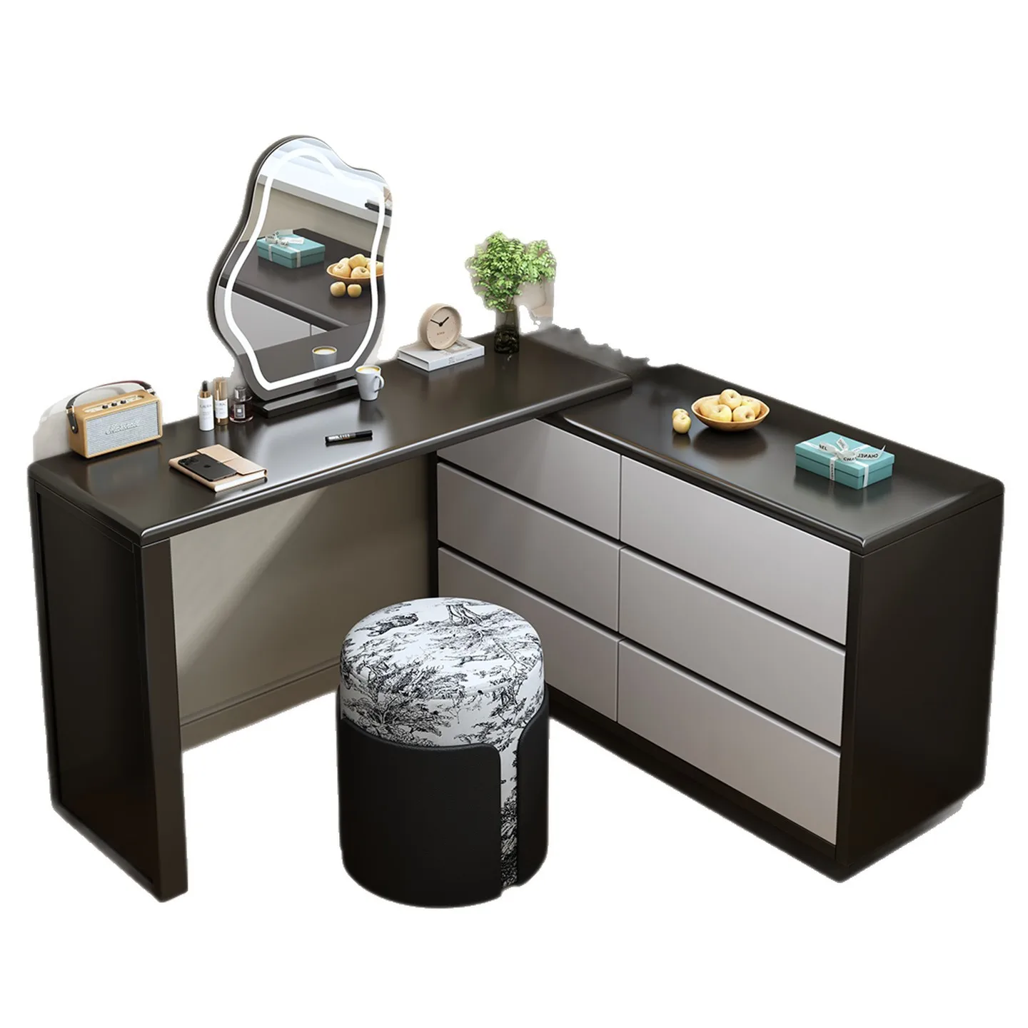 Nordic solid wood makeup table, integrated dresser bucket, with makeup mirror