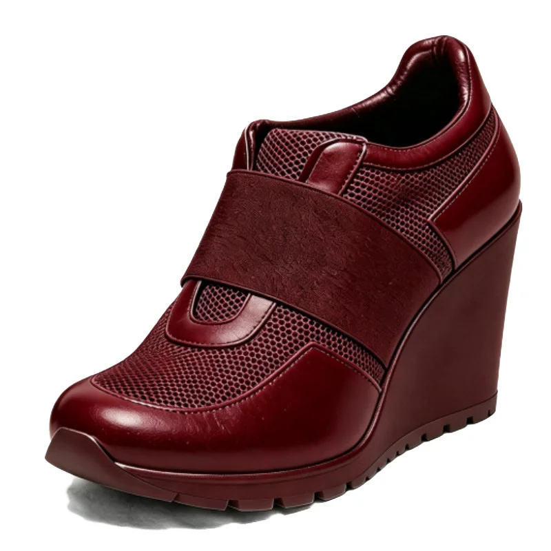 DIZHUANG Fashionable women's casual shoes. Red mesh shoes. Round toe sloping shoes. Double zip boots. About 11cm heel height.