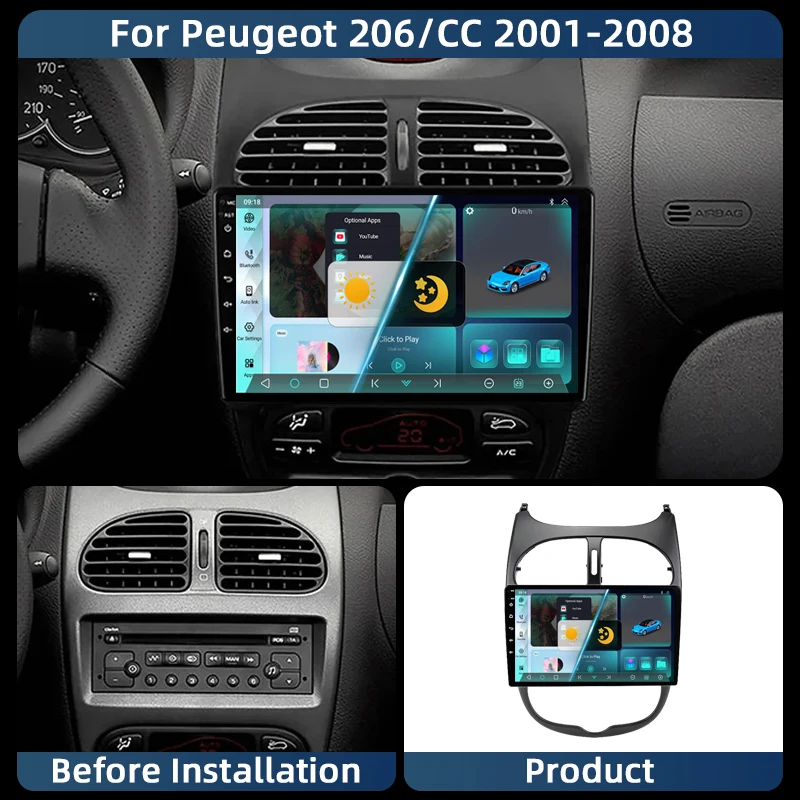راديو السيارة لبيجو 206 206CC 206SW 2001 - 2008 لاسلكي CarPlay أندرويد 14 أنظمة ذكية للسيارة رقم 2 din 2din DVD #5