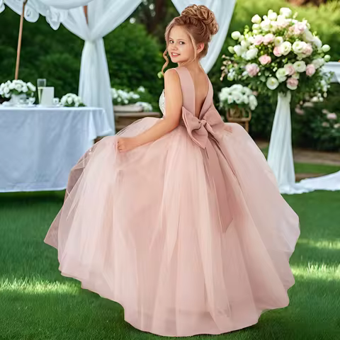 Flower Girl Dress with Bow, Princess Dress for Girls, Christmas Holiday Host Performance Dress, Catwalk Dress, Piano Performance Evening Dress