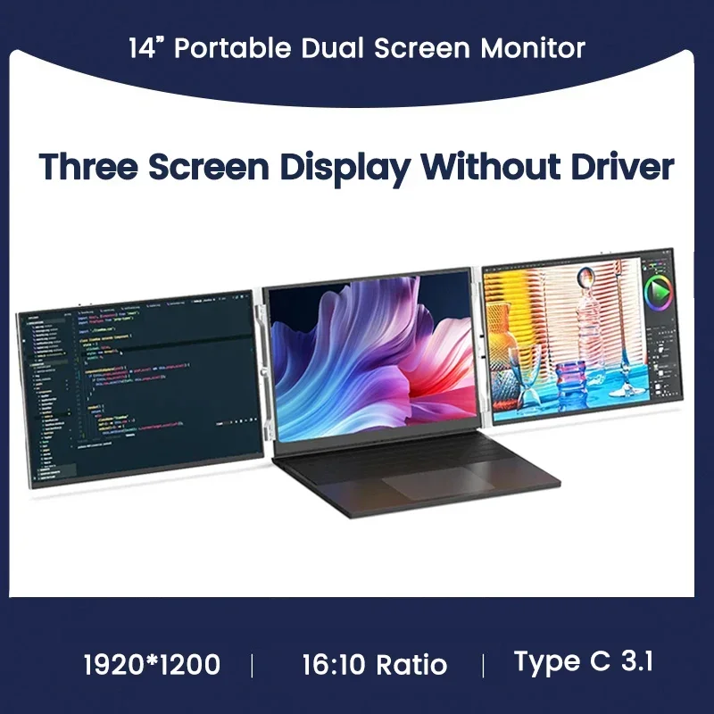 14 Inch 1920 x 1200 Three Screen Display Portable Monitor USB-C 3.1 IPS Foldable Dual External Monitor For 13.3 - 16 Inch Laptop