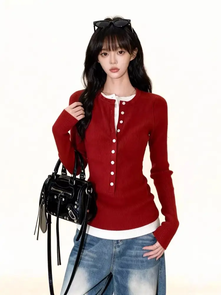 Women 2 Piece Button Long Sleeve Top 2026 Spring New Casual Elegant Slim Fit Versatile Fashion Knitted Pullover