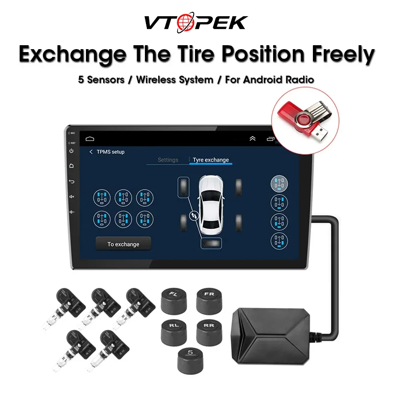 

USB Android TPMS Tire Pressure Monitoring Alarm System Exchange The Tire Position Freely 5 Wireless External / Internal Sensors