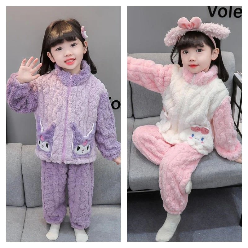 

Hot Sanrio Little Girl Pajamas My Melody Kawaii Student Autumn and Winter Flannel Keep Warm Tops Pants Children's Clothing New