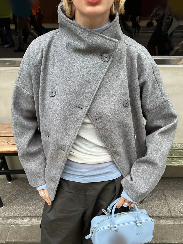 

HH Women Fashion High Collar Street Short Coat High Collar Double Breasted Pocket Decoration Loose Top Spring Autumn Outerwears