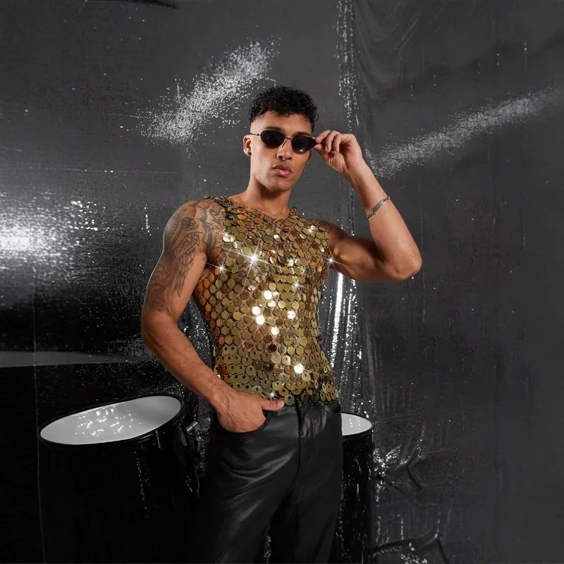 Men Sexy Vest Edgy Streetwear Cutout Sheer Tank Top Club & Party Fishnet Sequin Embellishment