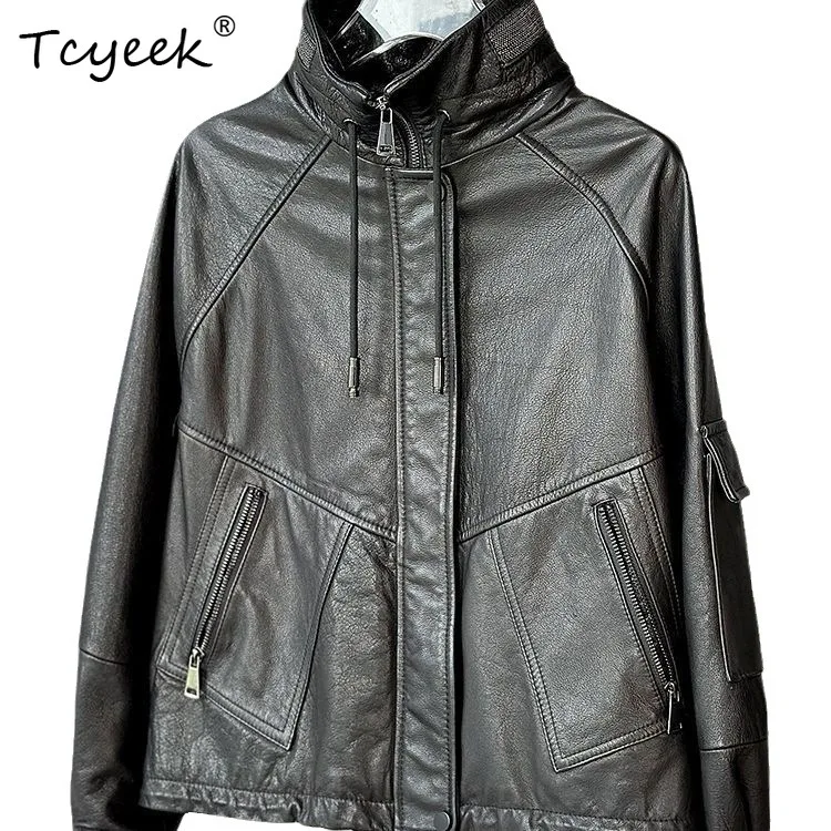 Tcyeek Real Leather Jacket Women Fashion Autumn Clothes Oil Wax Cowhide Coat Woman Black Red New in Outerwears Куртка Кожаная