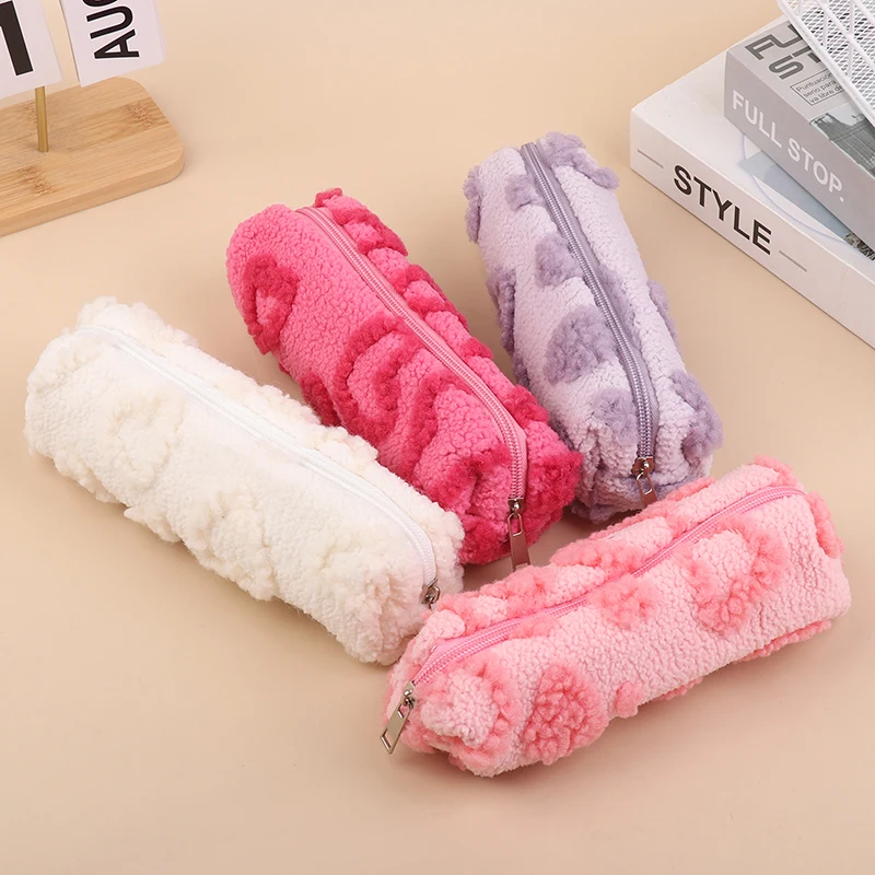 Plush Makeup Bags With Handle Soft Travel Cosmetic Storage Bag Portable Love Print Organizer Pencil Case Cute Clutch Pouch