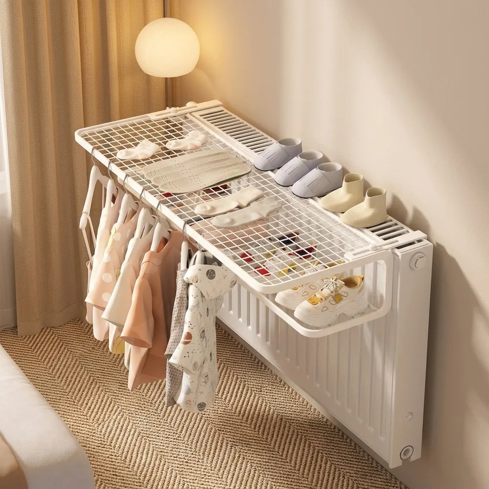 Compact Radiator Mounted Storage Shelf Double Tier Heat Resistant No Drill Hanging Organizer For Clothes Towels Home Winter Use