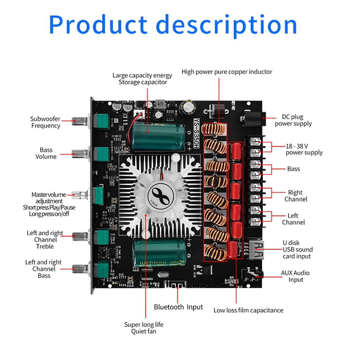 

New-YS-S350H 2.1 Channel Bluetooth Amplifier Board TPA3255 220Wx2+350Whigh-Power Subwoofer Super 7498E Audio Amplifier Board