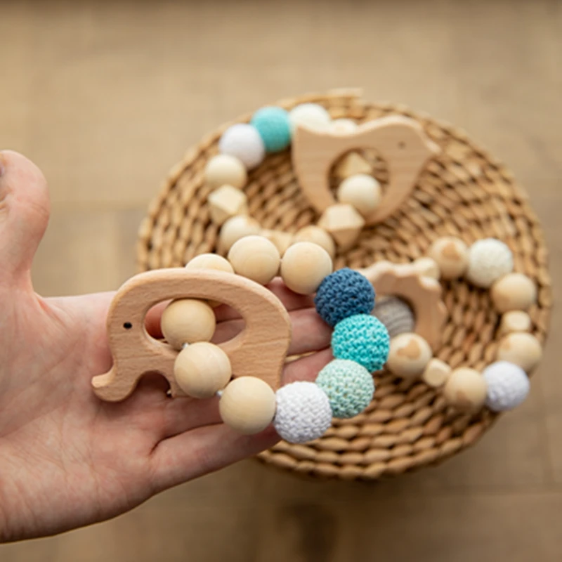 Baby Wooden Teether Beech Animal Wooden Rattle Toy Wood Teething Toys Baby Rattle Beads Bracelets Wooden Toys for children Gift