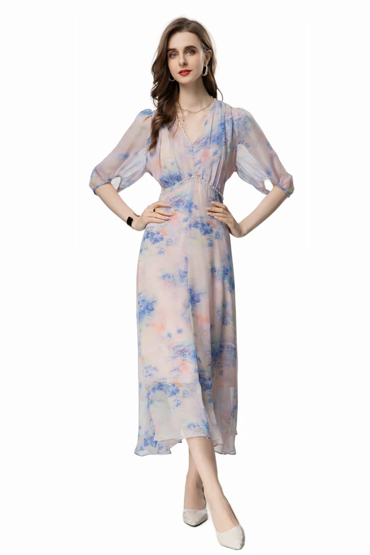 Women's Runway Dresses V Neck Beaded 3/4 Sleeves Printed Casaul Elegant Designer Vestidos