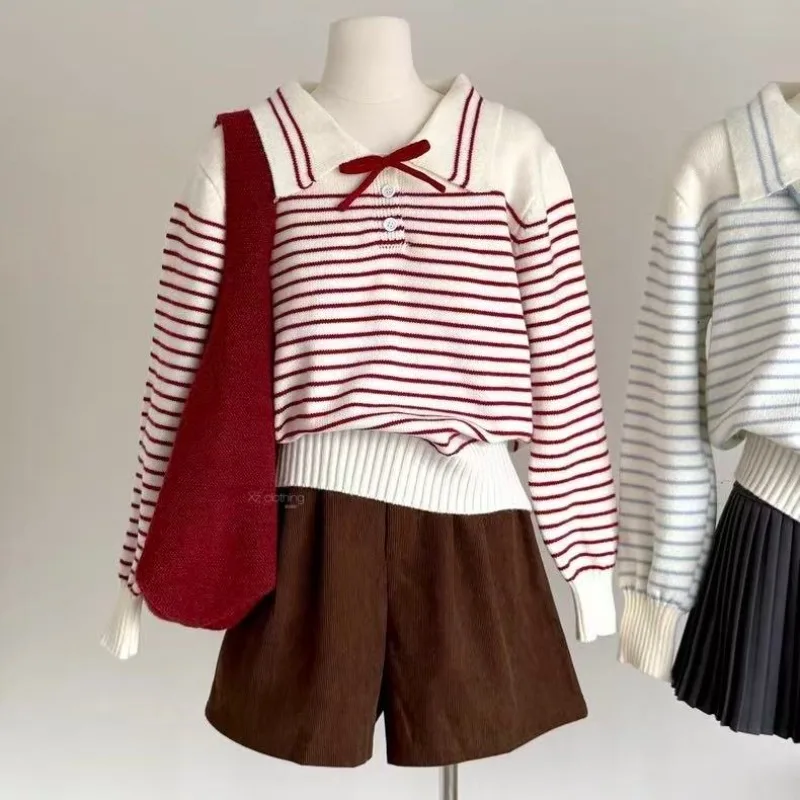 Women's 2026 Autumn Winter New Korean Sweet Bow Preppy Collar Loose Color Block Striped Knit Top Sweater Chic Coquette Trendy