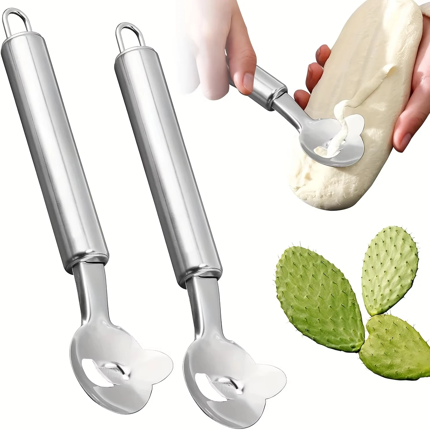 2 Pieces Multi-Function Nopal Cactus Peeler Cutter Stainless Steel Pelador De Nopales with Groove Edge Ergonomic Cactus Peeling Spoon Safe Easy Thorn Remover Kitchen Cooking Tools Accessories