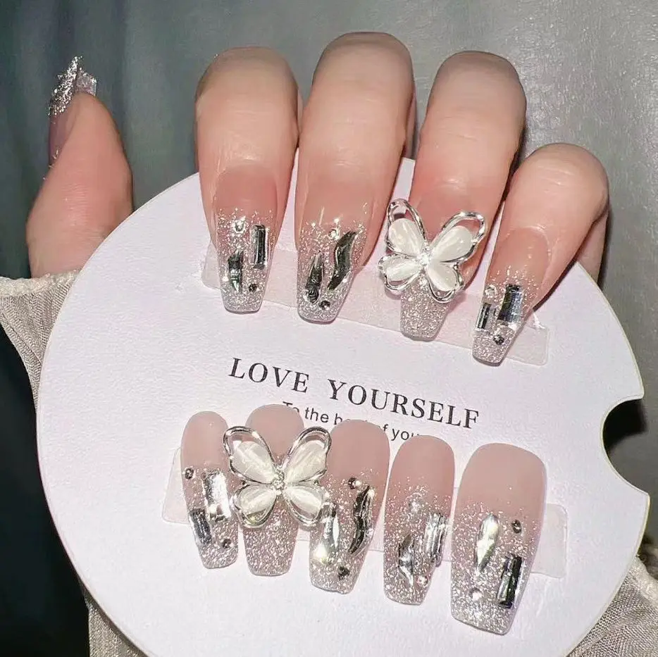 

10 Pieces Bow Wear Nail Long Rhinestone Fake Nailpress On Nails