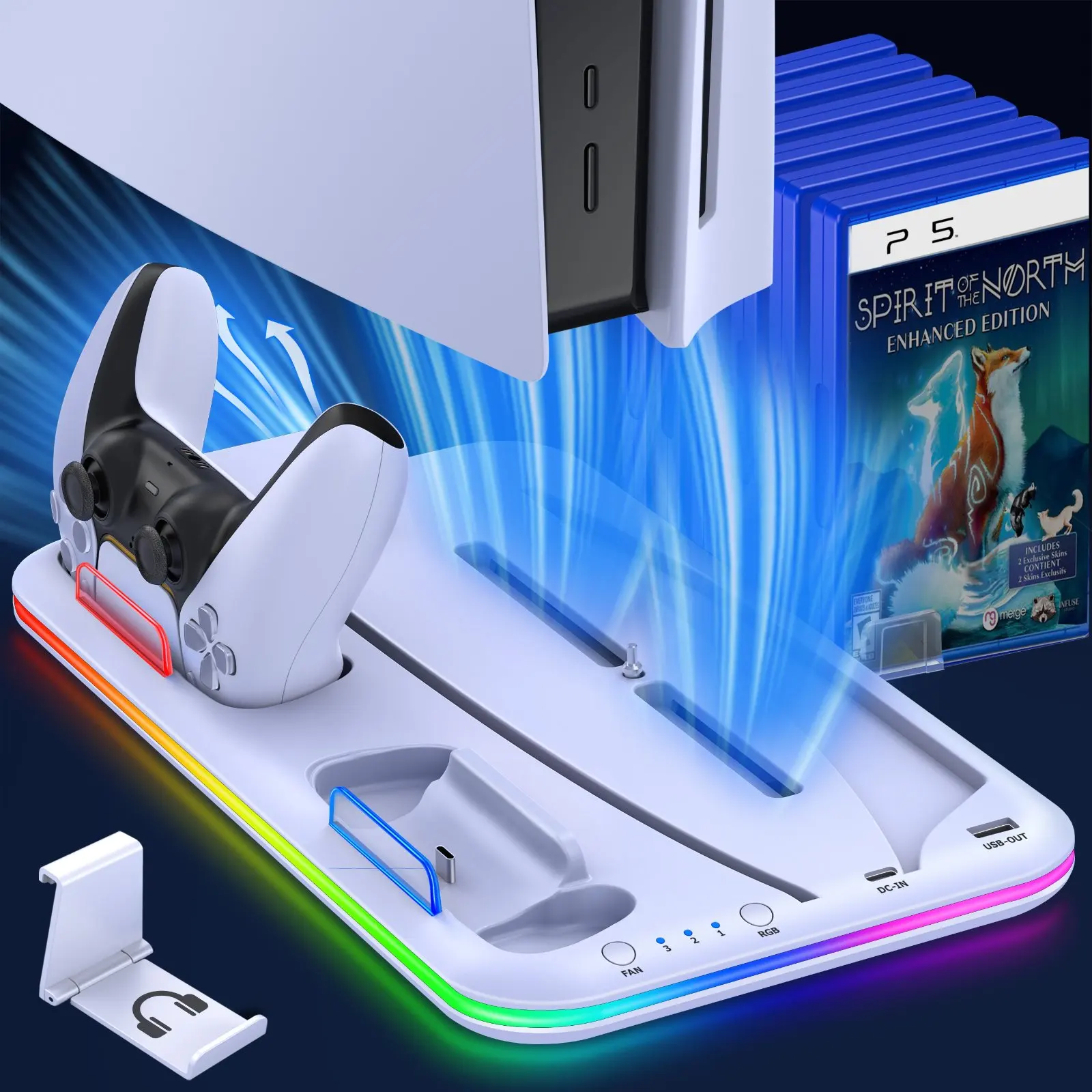 Voor PS5 Slim Cooling Stand met RGB Licht Fan Voor PS5 Console Disc & Digitale Edities PS5 Controller Dual Controller Opladen Dock