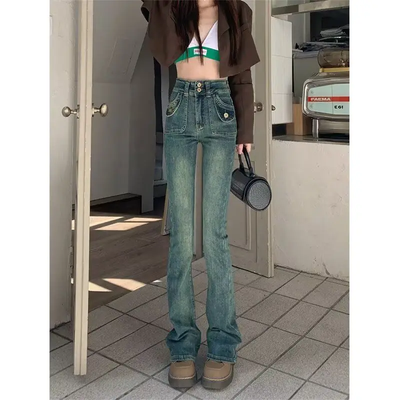 

Джинсы женские с низкой посадкой, облегающие, расклешенные, винтажные, длиной в пол, повседневные, из смесового хлопка и полиэстера