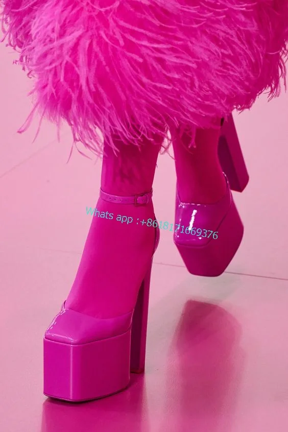 2022 Fashion Luxury Fuchsia Square Toe Sandals Sexy Women Fall Pink Block High Heel Sandals Ladies Buckle Platform Shoes