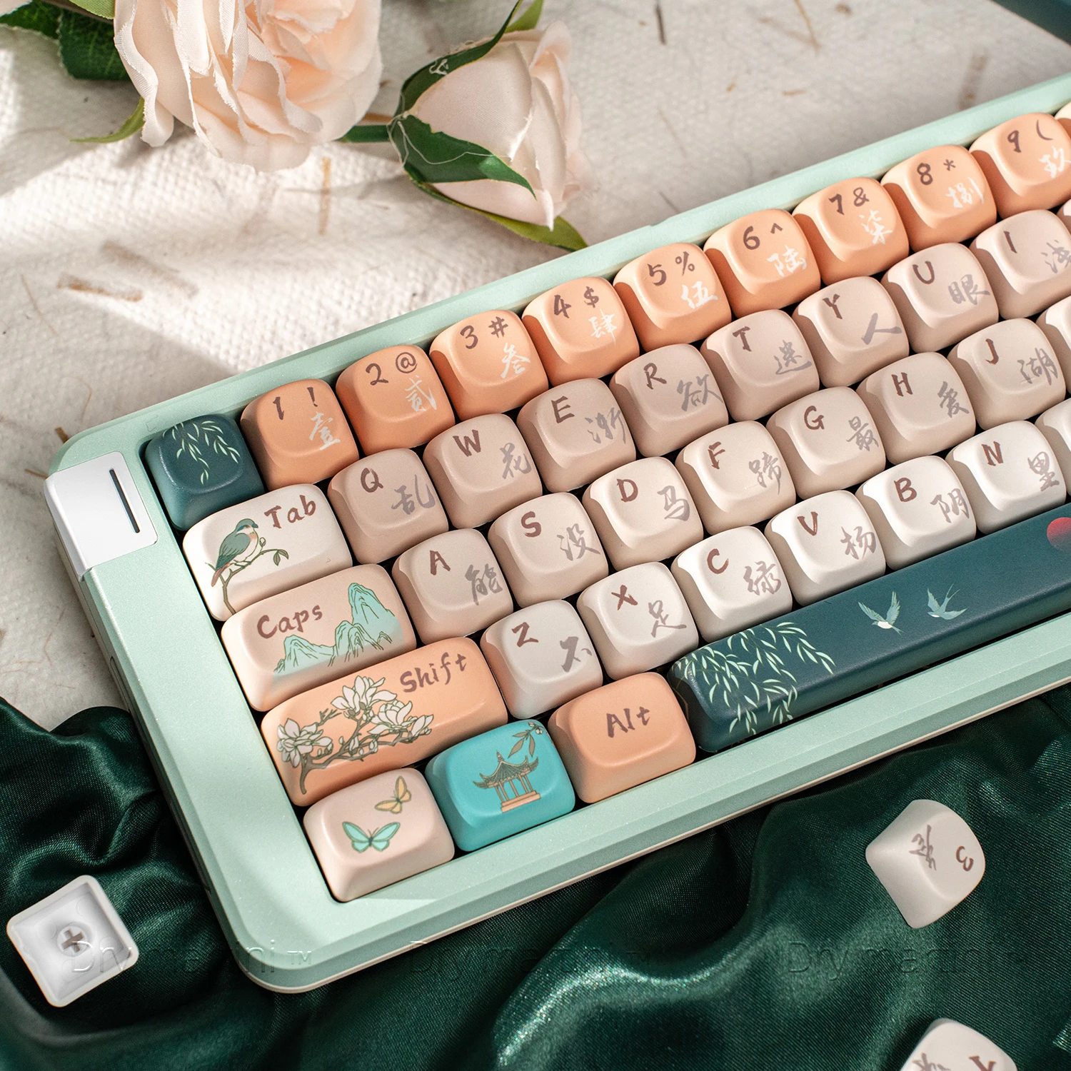 Keycaps Chinese Style Spring Theme Retro Green Ball Caps Pbt Rounded Sublimation 131Keys Spring Bamboo Keycaps L Shape Enter Key