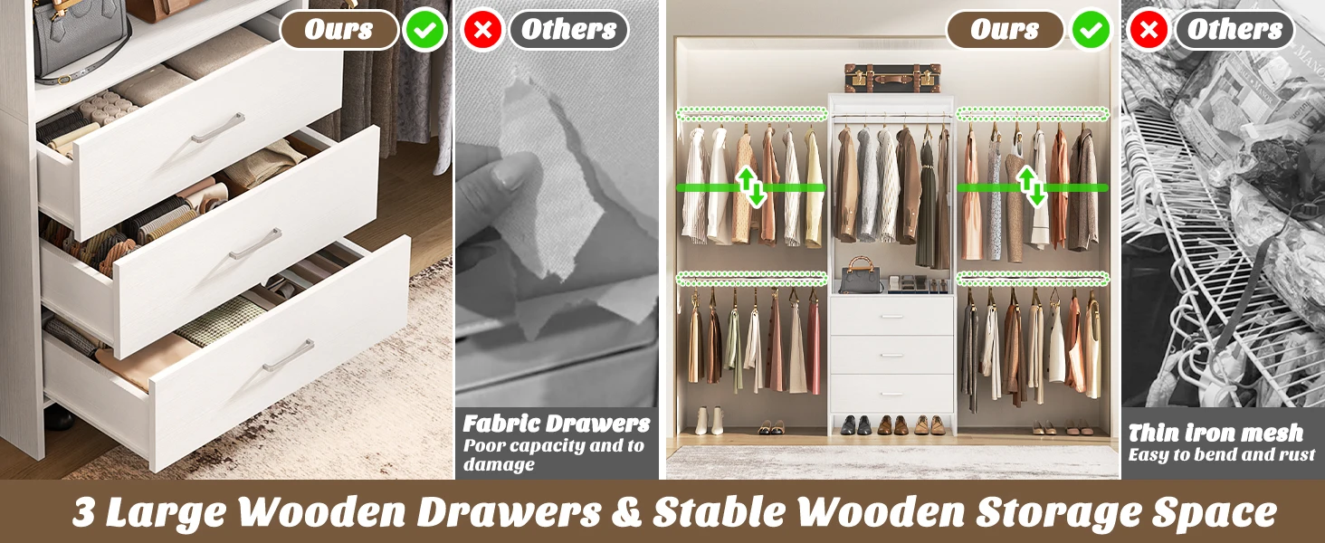 Aheaplus Closet System Closet Organizer with 3 Wooden Drawers Walk-in Closet Wardrobe with 4 Hanging Rods Clothes Rack Garment Organizer