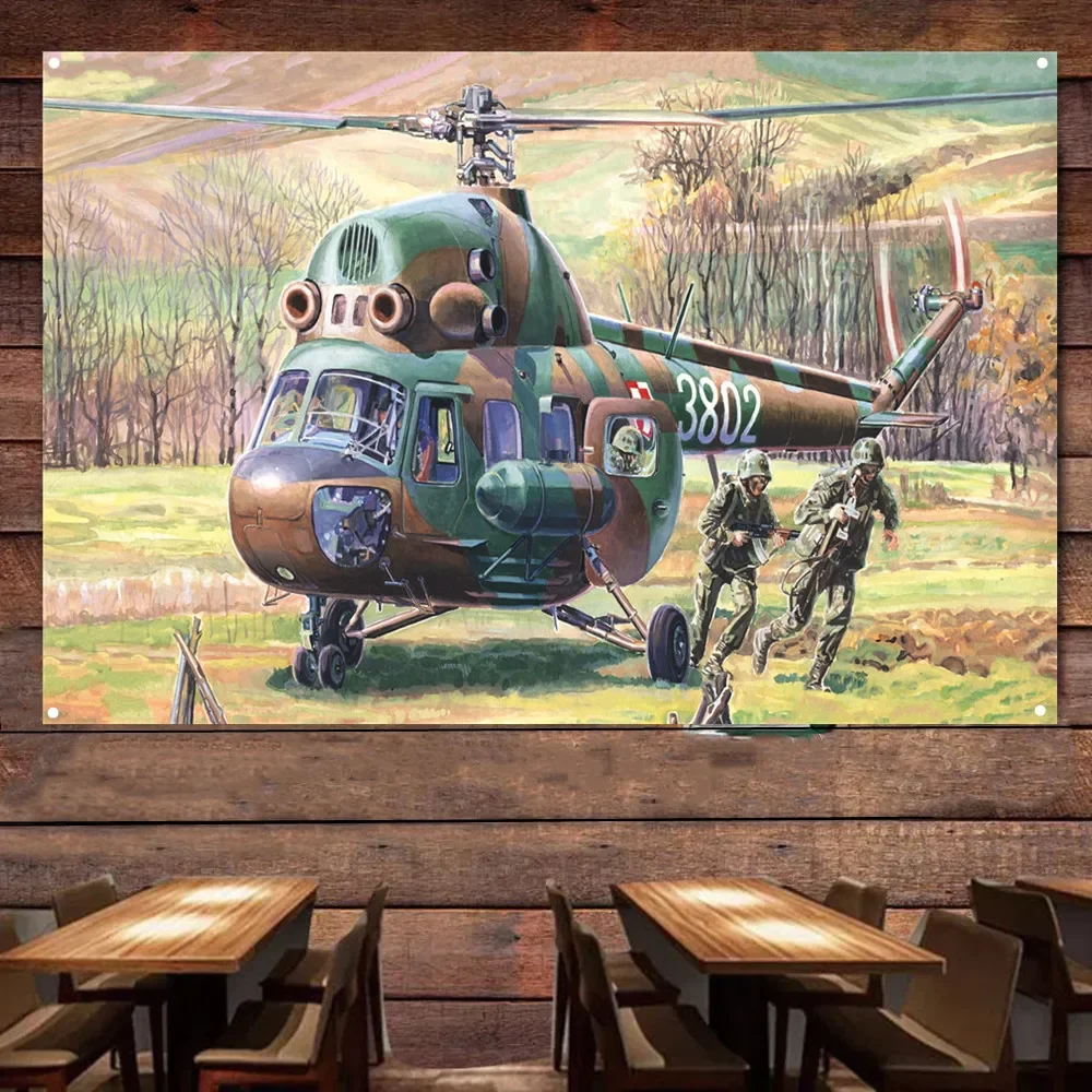 

Mi-2T Commandos Transport Helicopter Wall Art Flag Tapestry - Aviation Military Art Posters Wall Decor Banner Gift for Army Fans