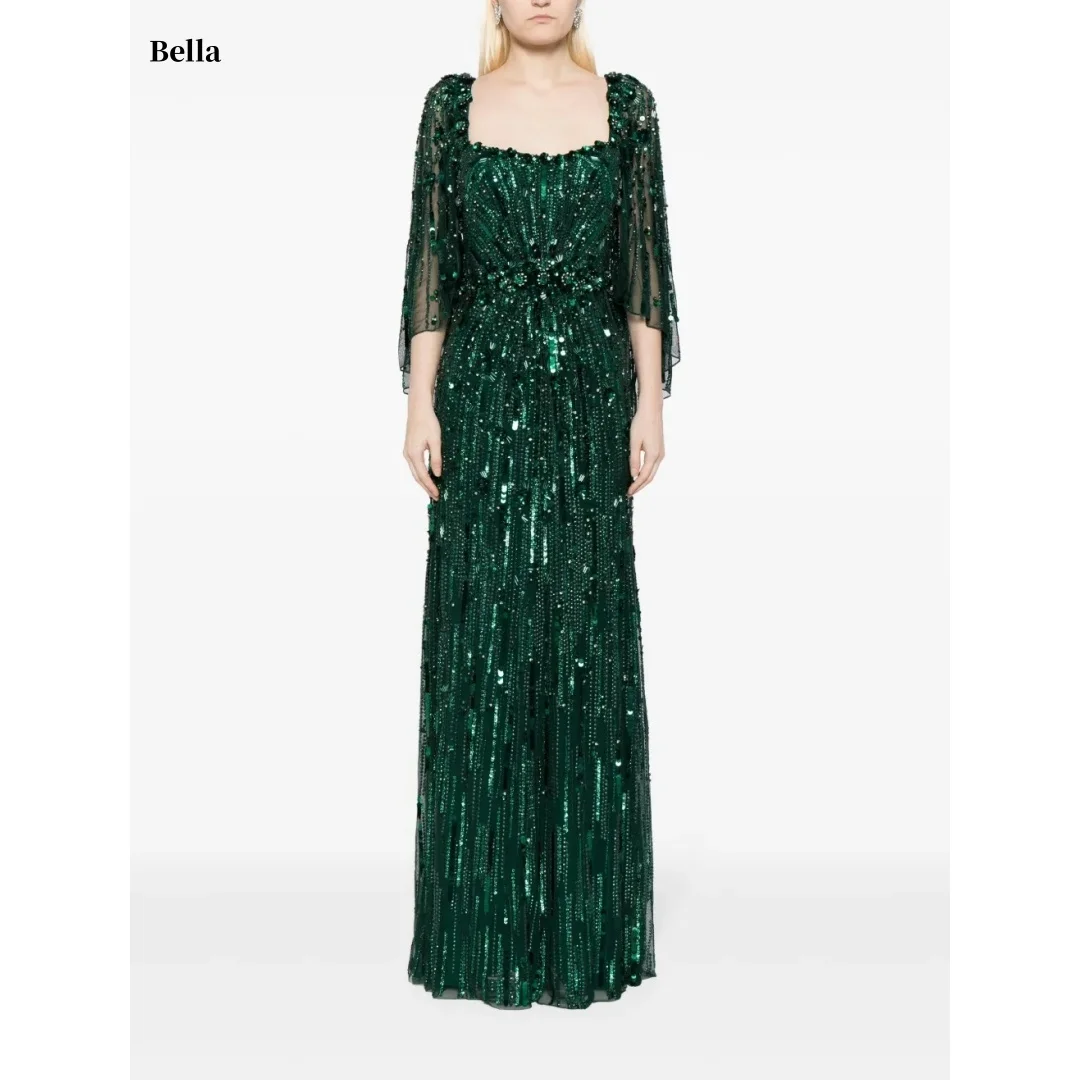 

Bella Customized Emerald Square Neck Sheer Sleeve Sequin robes de soirée Long Gown Elegant Party Dresses Stylish Prom Dress