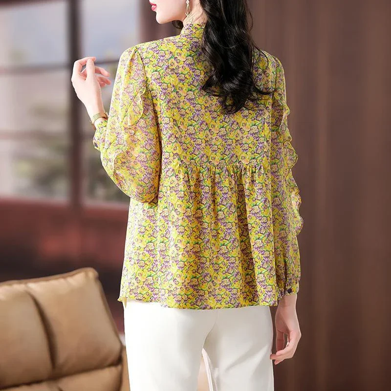 Autumn Elegant Fashion Round Collar Dignified Shirt New Women Natural Scenery Long Lantern Sleeve Loose Casual Button Floral Top