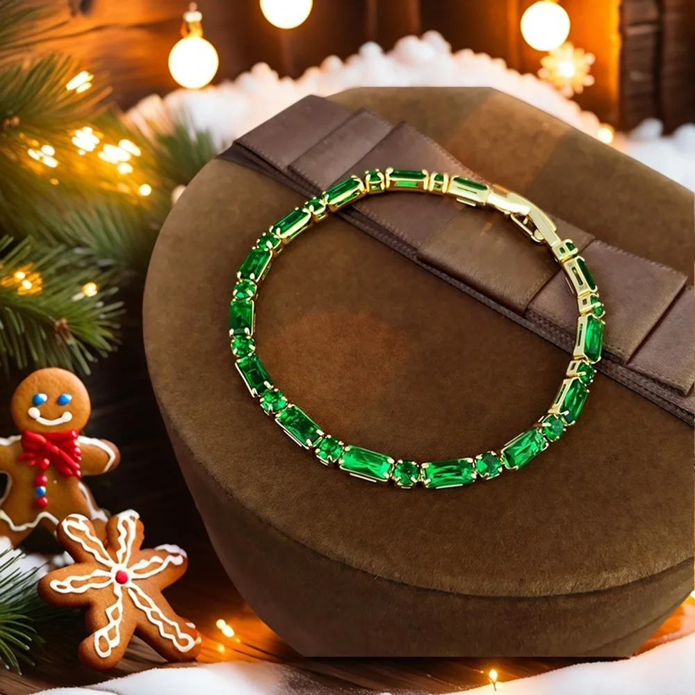 

Trendy Green Rhinestone Bracelet for Women Retro Simple Design Bangle Party Luxury Accessories New Year Gift for Girls