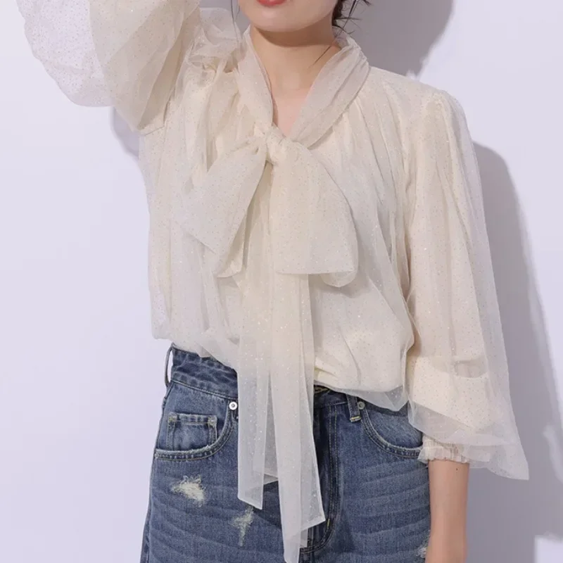 Japanese Bow Lave Up Elegant Shirts Sweet Voile Lantern Long Sleeve Chic Blouse Lady Camisas 2024 Spring New All-match Blusas