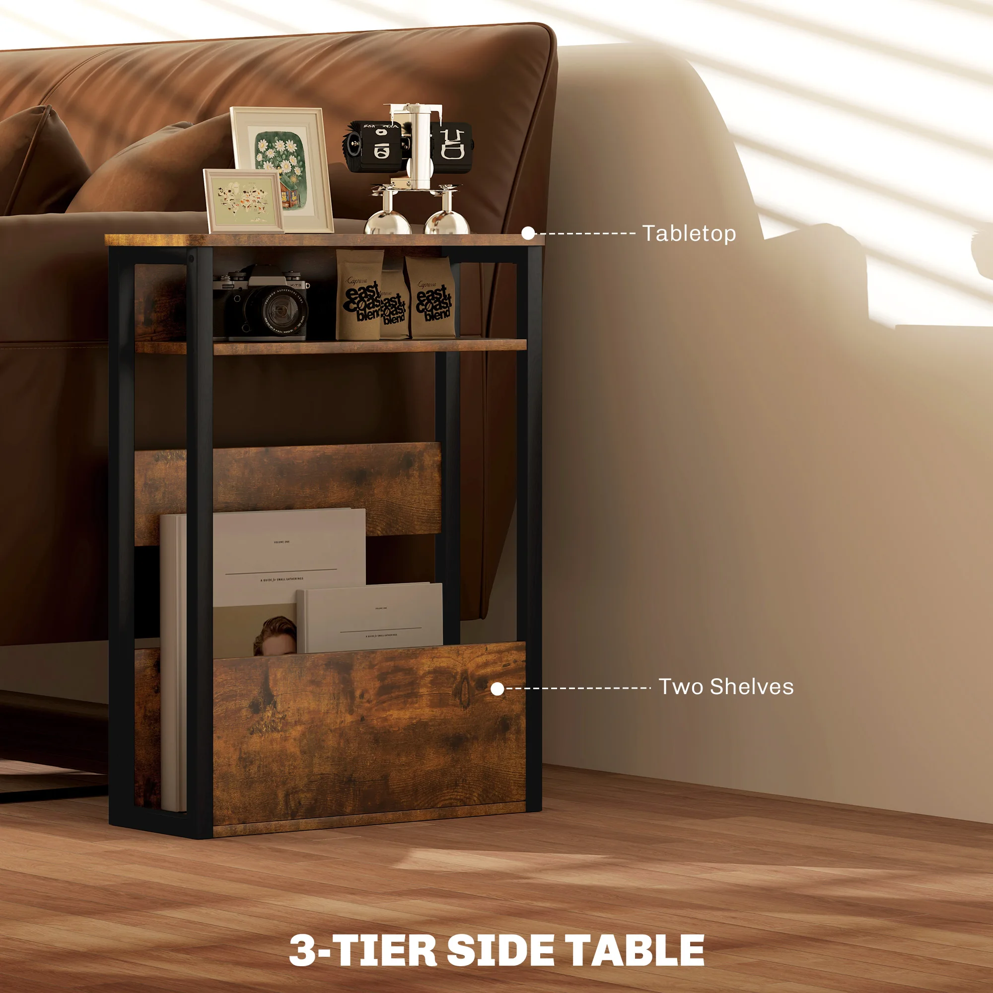 HOMCOM Narrow Side Table with Storage, Bedside End Table, Rustic Brown