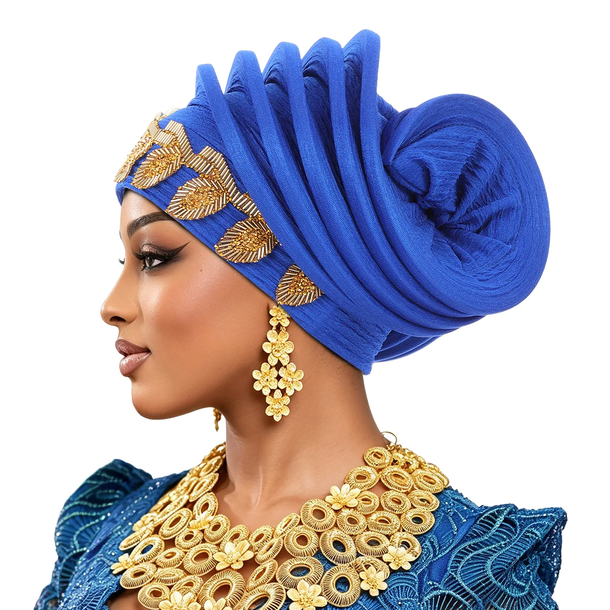 Pleated African Turban Headwrap Gold Embroidered Auto Gele Headtie Women Fashion Headwear for Wedding Party Ceremony Head Wraps