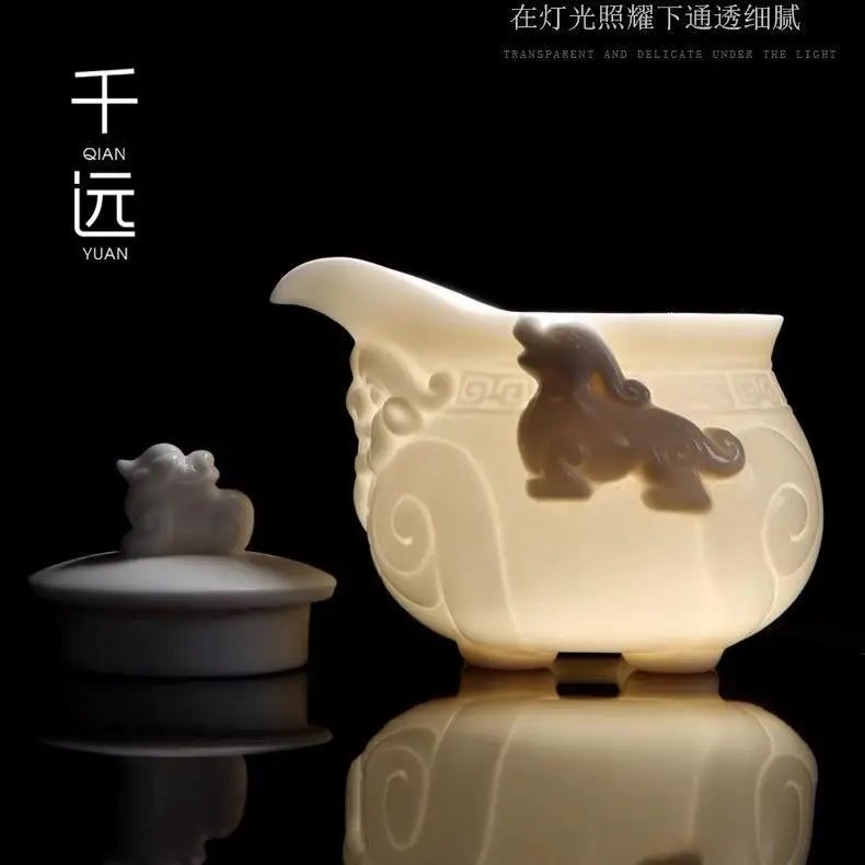 Sheep Fat Jade White Porcelain Hand Grasping Kylin Pot Ceramic Tea Set Tea Pot Pure Handmade Tea Pot Large Single Pot