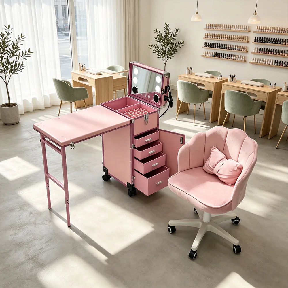 Pink Portable Manicure Table w/ LED Mirror Drawers & Wheels, Folding Rolling Nail Desk Chair Set, Salon Furniture for Nail Tech