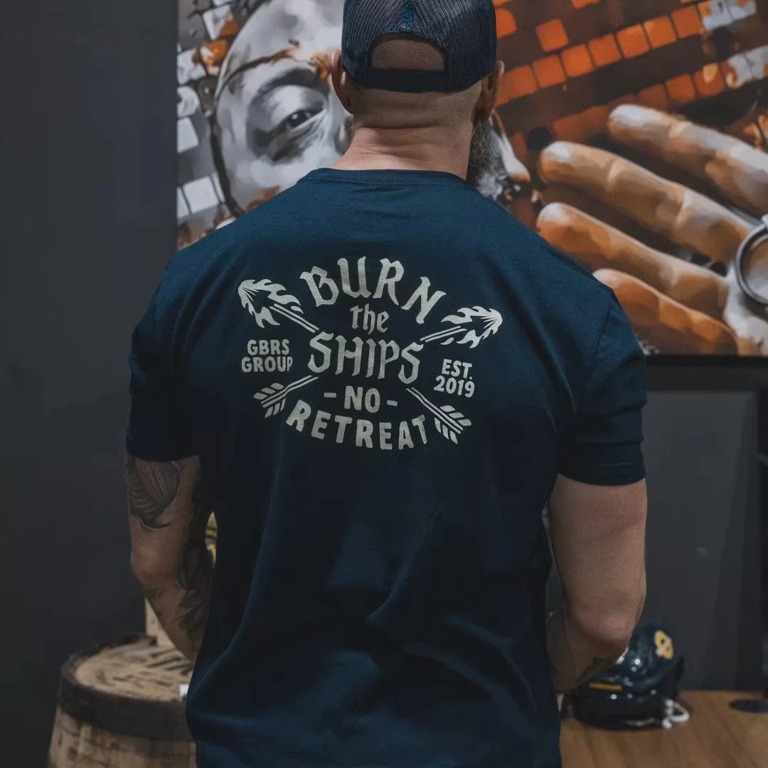 2026 New Tactical Family Matching Oversized Unisex Streetwear TShirt Burn The Ships No Retreat Torch Print Navy Tee Short Tops
