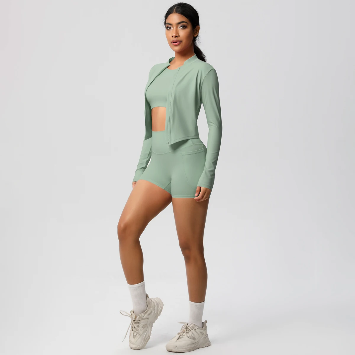 

3 Pieces Yoga Set for Woman's Slim Casual Solid Color Long Sleeves Fitness Top Zipper Jacket Quick-Dry Yoga Shorts With Pockets