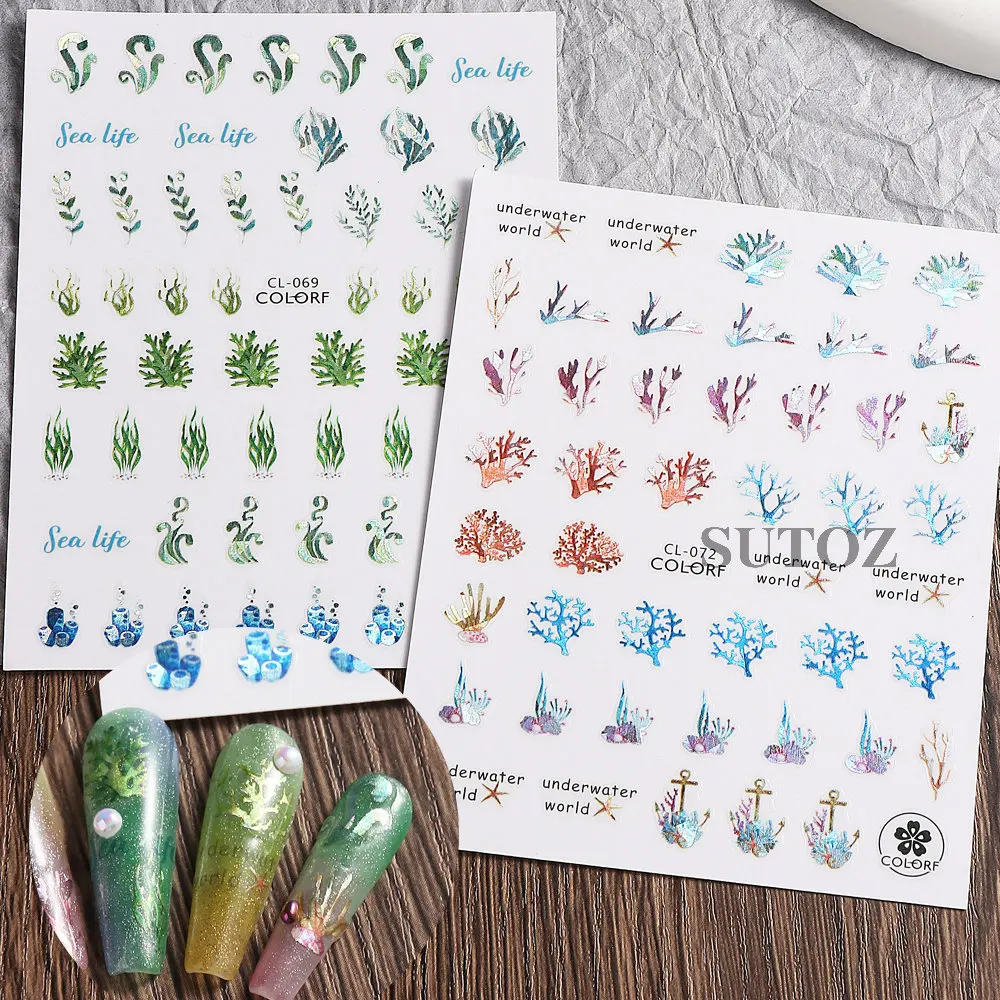 Holographic Mermaid Nail Stickers Summer Sea Animals Starfish Shell Laser Effect Nail Decals Cute Cartoon Nail Parts LEBCL-075