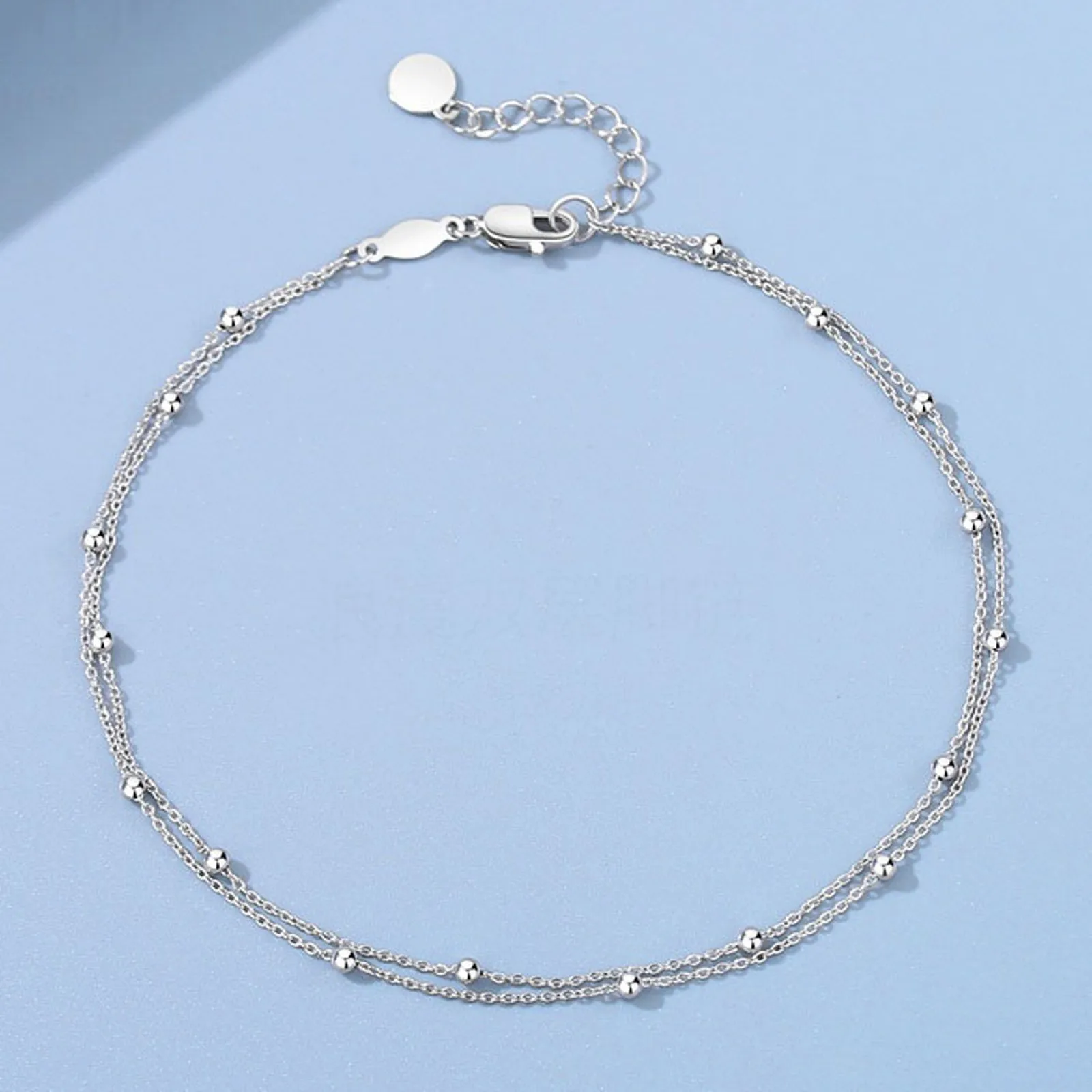 Real Pure Platinum 950 Chain Women Double Beads O Link Bracelet Anklet 2.8-3g/22+3cm