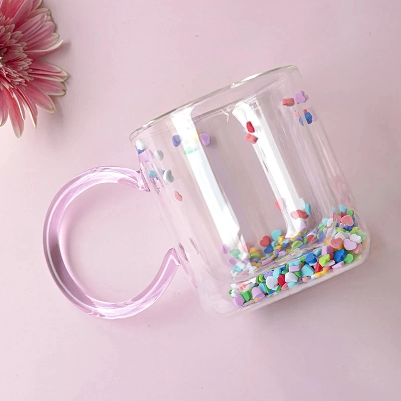 Love Quicksand Double Bottom Glass Cup Cute Kawaii Girl Creative Water Cups Transparent Juice Sequins Coffee Mug with Handle